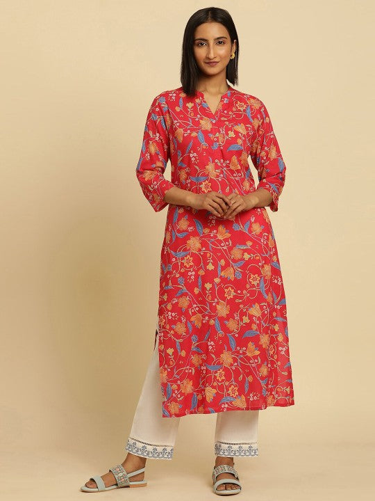 W Floral Printed Cotton Kurta - Pink