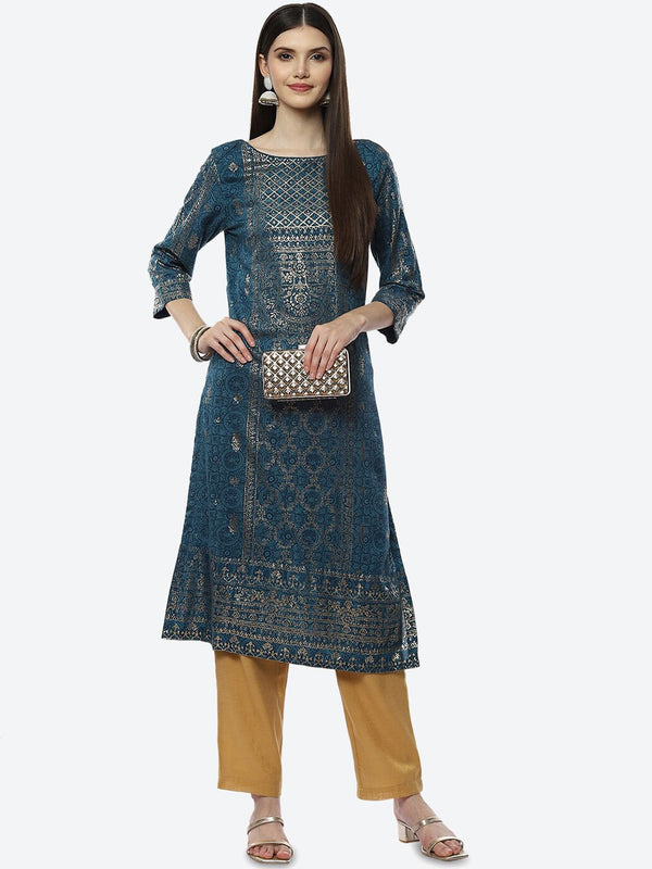 Biba Women Teal & Gold-Toned Ethnic Motifs Printed Kurta