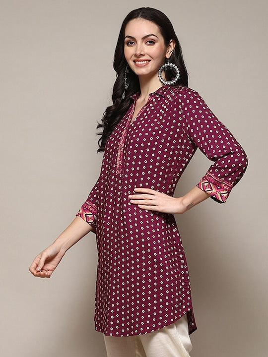 Biba Bandhani Printed Shirt Collar Kurti