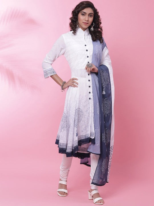 Biba Floral Printed Lace Detail A-Line Kurta with Churidar & Dupatta