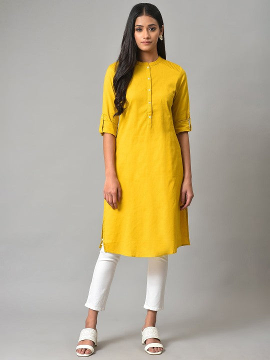 W Roll-Up Sleeves Mandarin Collar Straight Kurta