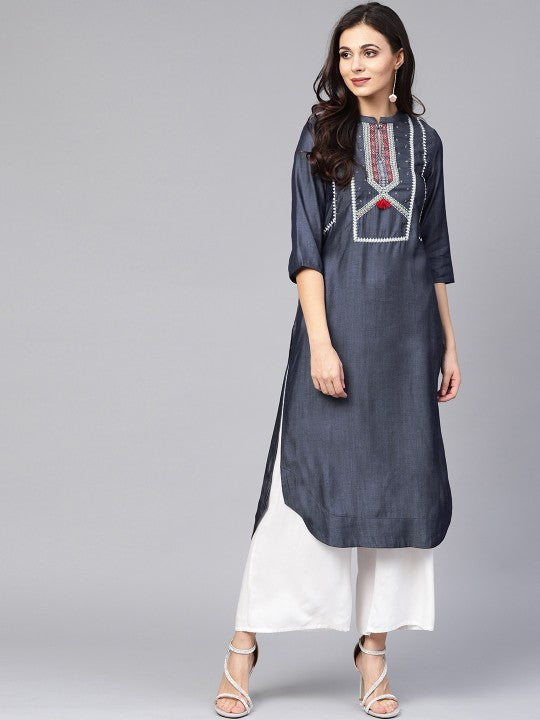 W Women Blue Solid Mandarin Collar Straight Kurta