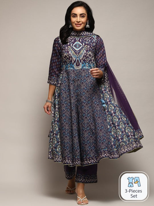 Biba Ethnic Motifs Printed Anarkali Pure Cotton Kurta With Palazzos & Dupatta