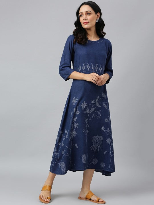 W Women Blue Floral Printed Floral Handloom Anarkali Kurta