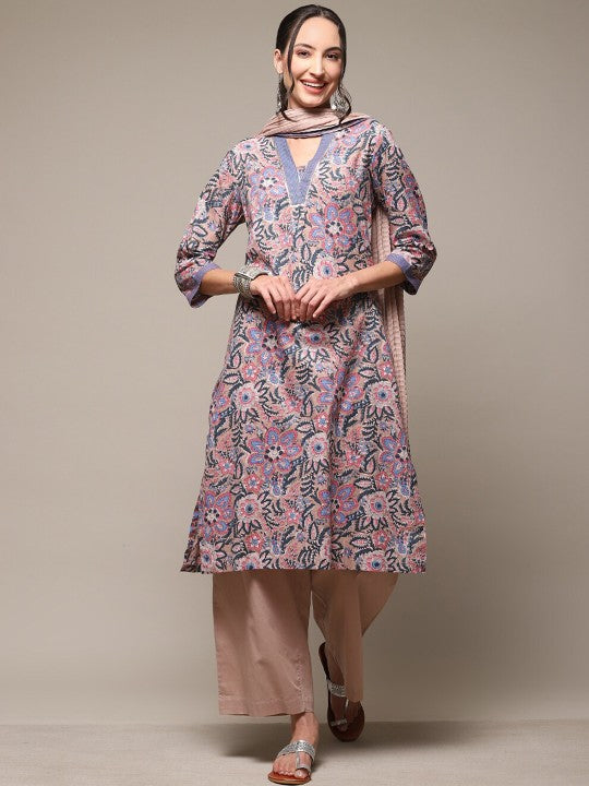 Biba Floral Printed Sequinned Kurta with Palazzos & Dupatta