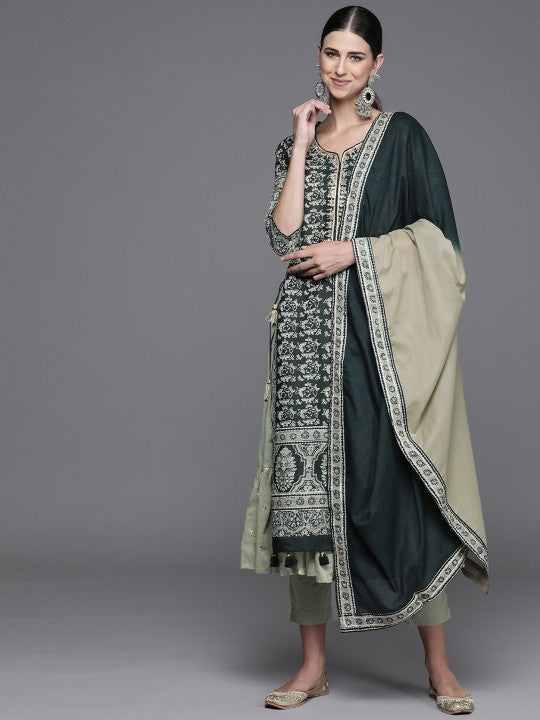 Biba Women Green Floral Printed Regular Kurta with Palazzos & With Dupatta