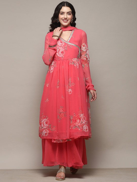 Biba Floral Printed V-Neck Angrakha Anarkali Kurta & Palazzos With Dupatta