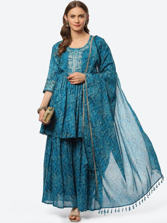 Biba Women Teal Floral Printed Pleated Zardozi Kurta with Sharara & With Dupatta