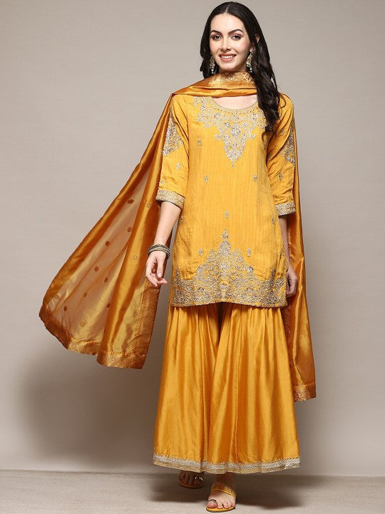 Biba Ethnic Motifs Embroidered Regular Kurta with Palazzos & Dupatta - Mustard Yellow