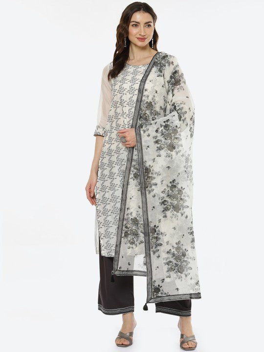 Biba Women Off White Printed Kurta Set With Dupatta