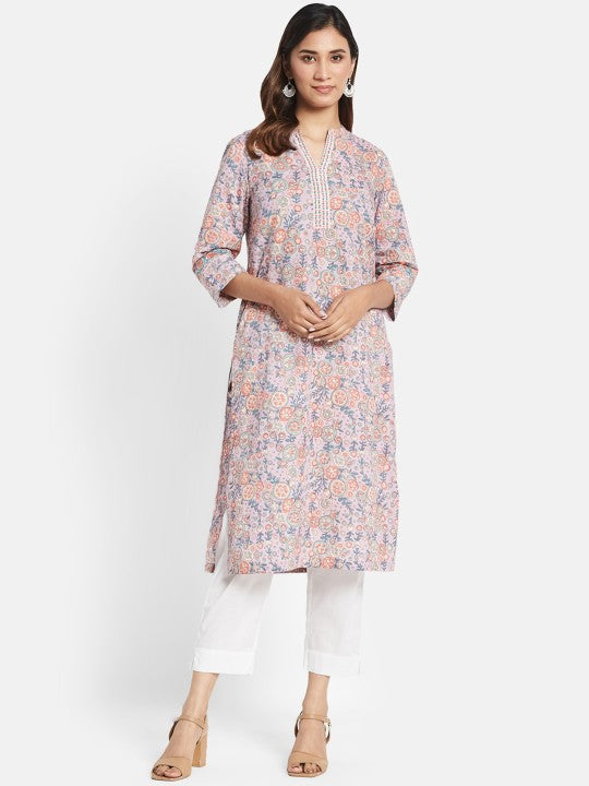 Fabindia Women Floral Printed Mandarin Collar Cotton Kurta