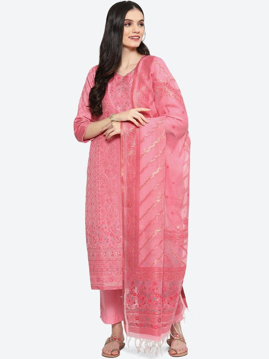 Biba Women Pink Ethnic Motifs Printed Regular Kurta with Trousers & Dupatta