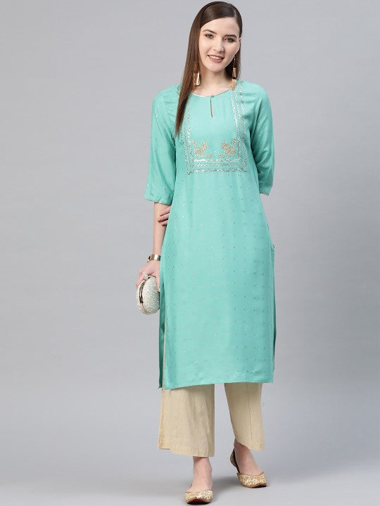 W Women Blue & Golden Printed Straight Kurta