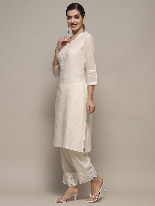 Biba V-Neck Yoke Design Sequinned A-Line Kurta