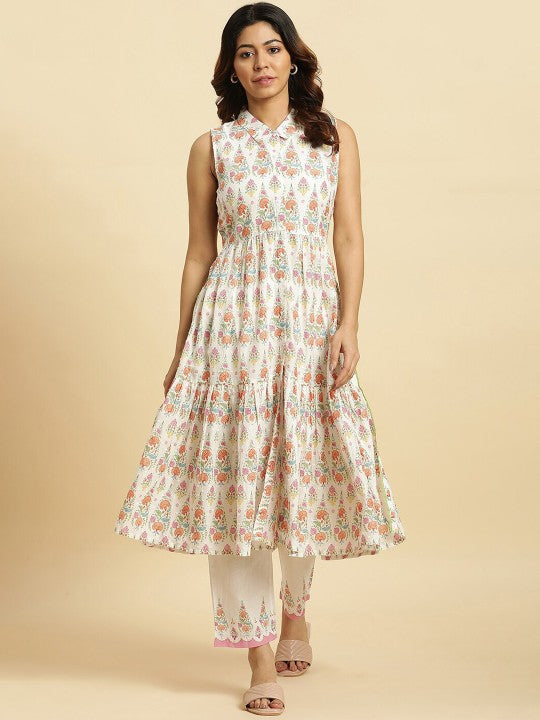 W Floral Printed Shirt Collar Pure Cotton Anarkali Kurta with Trousers