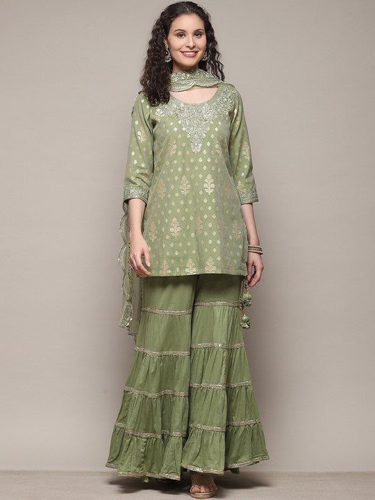 Biba Ethnic Motifs Printed Straight Kurti With Sharara & Dupatta