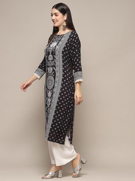 Biba Ethnic Motifs Printed Straight Kurta - Black & White