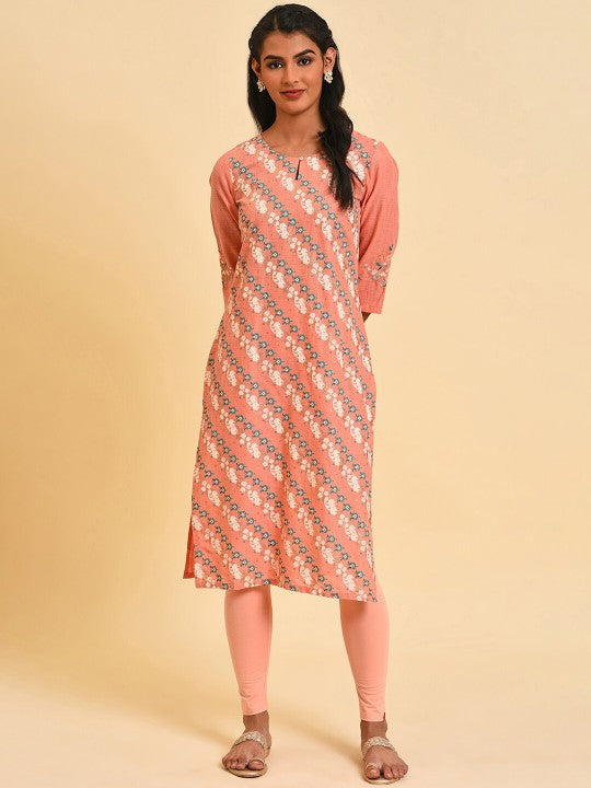 W Ethnic Motif Printed Keyhole Neck Thread Work Pure Cotton Kurta