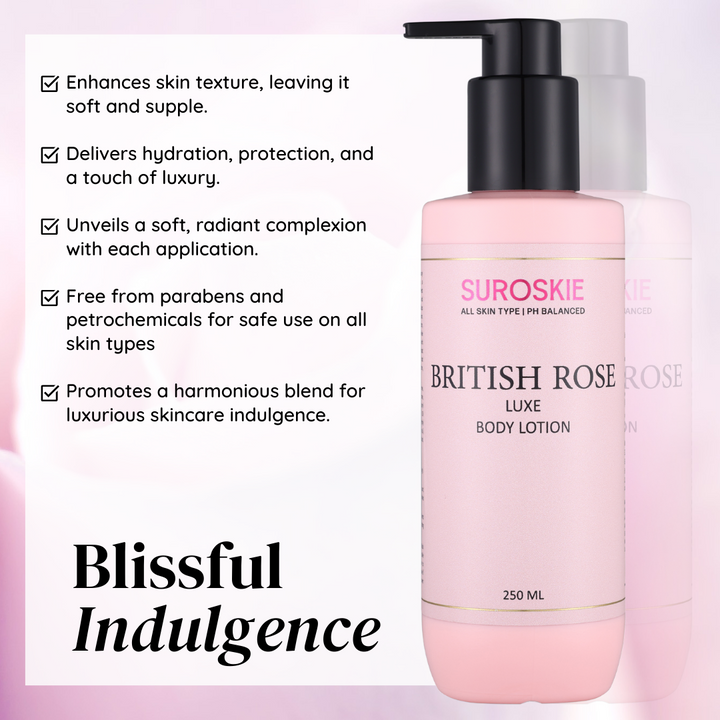 Suroskie British Rose Body Lotion with Shea and Cocoa Butter Lotion - Hydration for 24 Hrs, Deep Nourishment, Lightweight & Fast-Absorbing, Suitable for Both (250ml)
