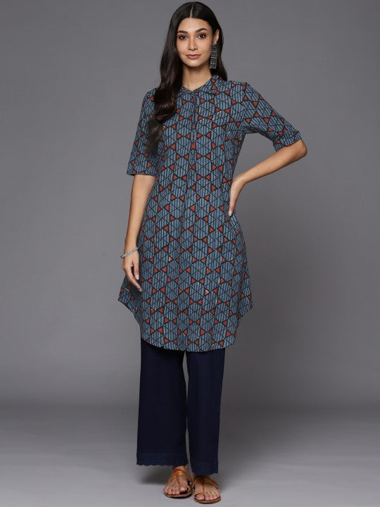 Fabindia Women Navy Blue & Rust Orange Pure Cotton Handblock Print A-Line Kurta