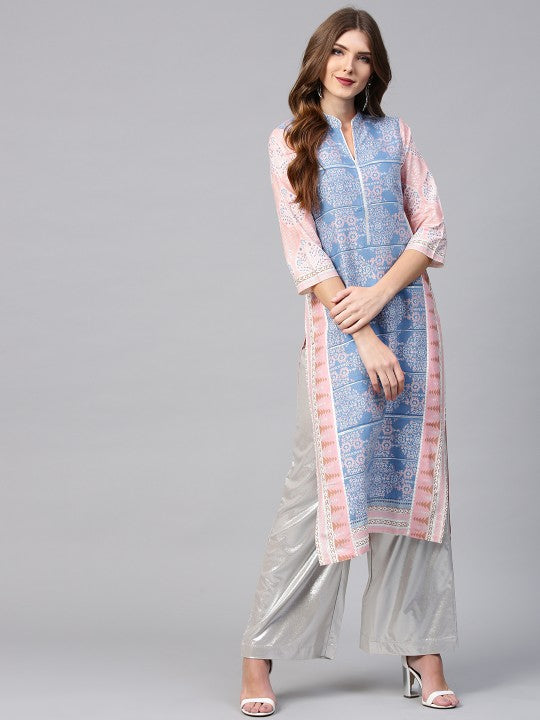 W Women Blue & Pink Woven Design Straight Kurta