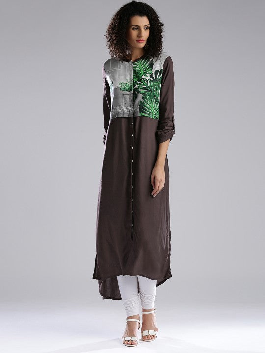 W Brown Tropical Print Layered Kurta