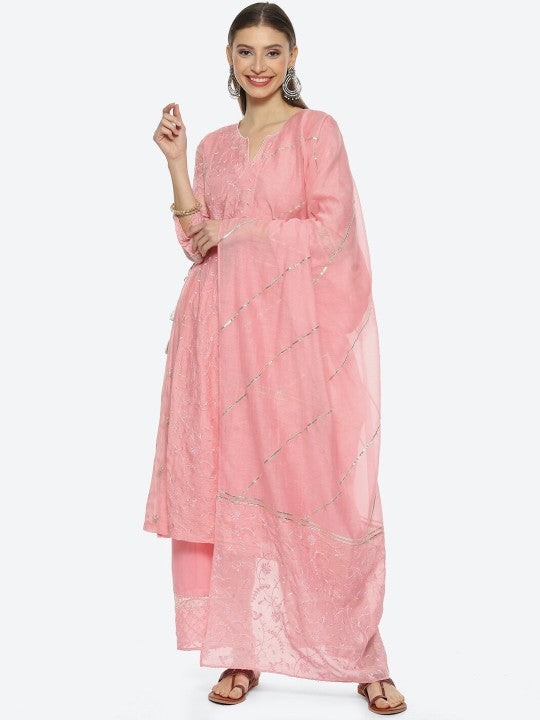 Biba Floral Embroidered Thread Work Chanderi Silk Kurta with Palazzos & Dupatta