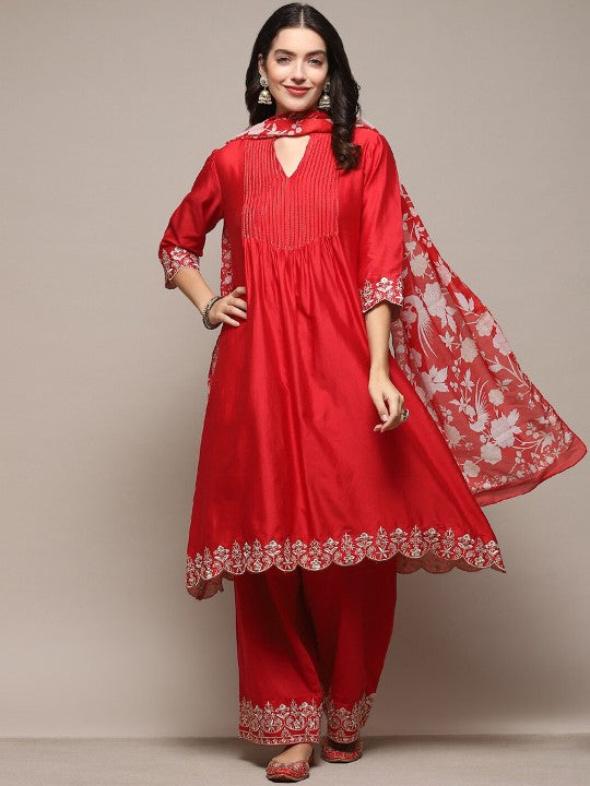 Biba Ethnic Motifs Embroidered Pleated Thread Work Kurta with Palazzos & With Dupatta