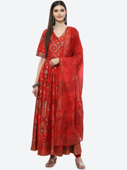 Biba Women Red Ethnic Motifs Printed Kurta with Palazzos & With Dupatta