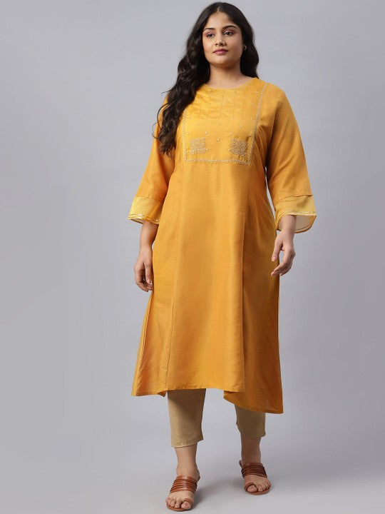 W Plus Women A-Line Embroidered With Sequins Yellow Kurta