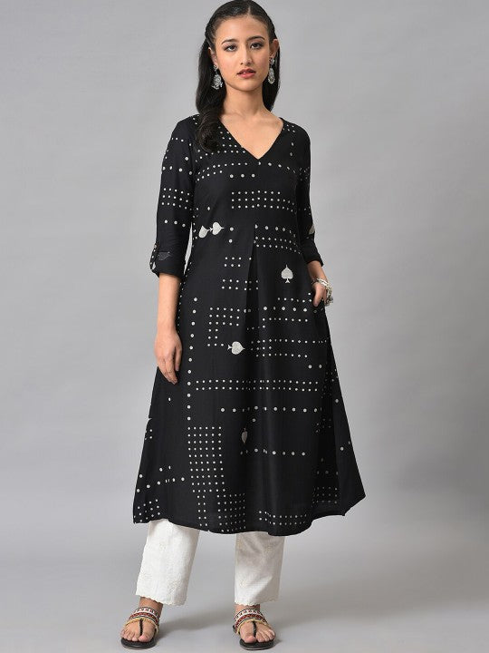 W Geometric Printed Roll Up Neck Anarkali Kurta