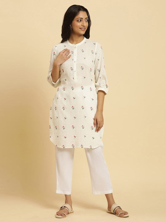 W Floral Embroidered Pure Cotton Straight Kurta