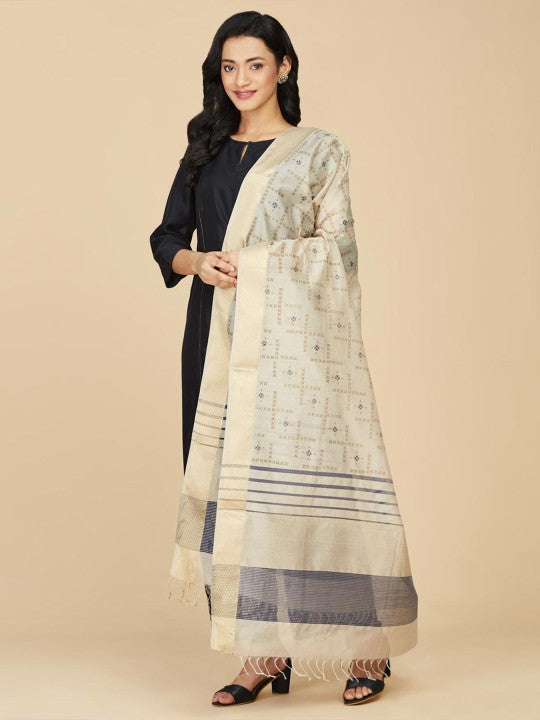 Fabindia Ethnic Motifs Block Printed Cotton Silk Dupatta With Zari