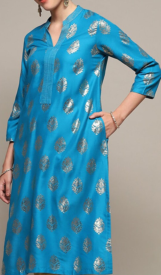 Biba Ethnic Motifs Printed V-Neck Zari Detail Straight Kurta