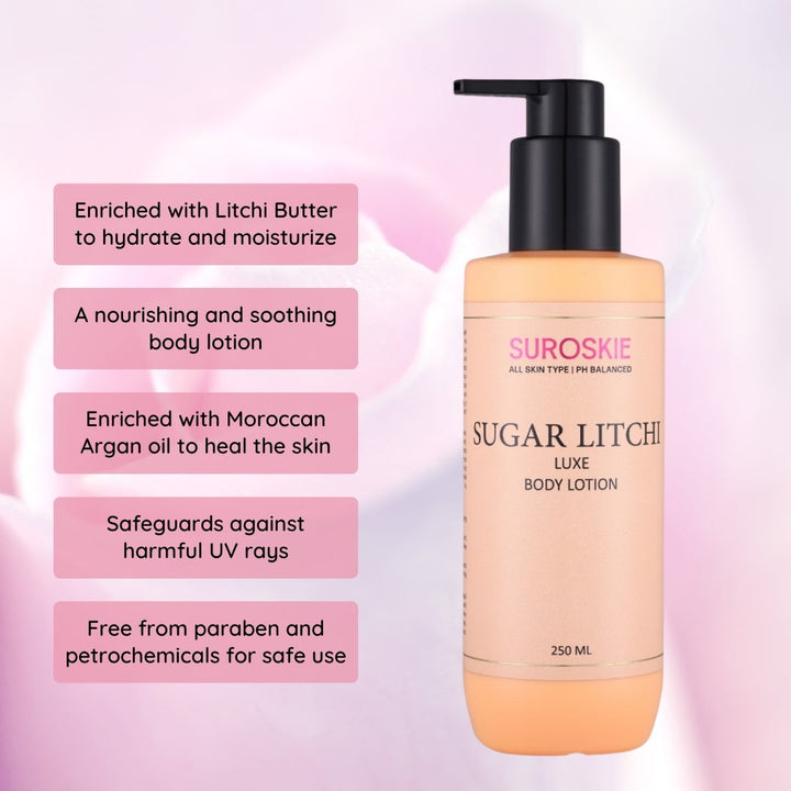 Suroskie Sugar Litchi Body Lotion with PH Balanced - Deep Hydration, Soothing & Calming, Light-Weight & Fast-Absorbing, Suitable For Both (250ML)