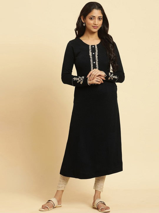 W Black Floral Yoke Design Regular Thread Work Kurta Set