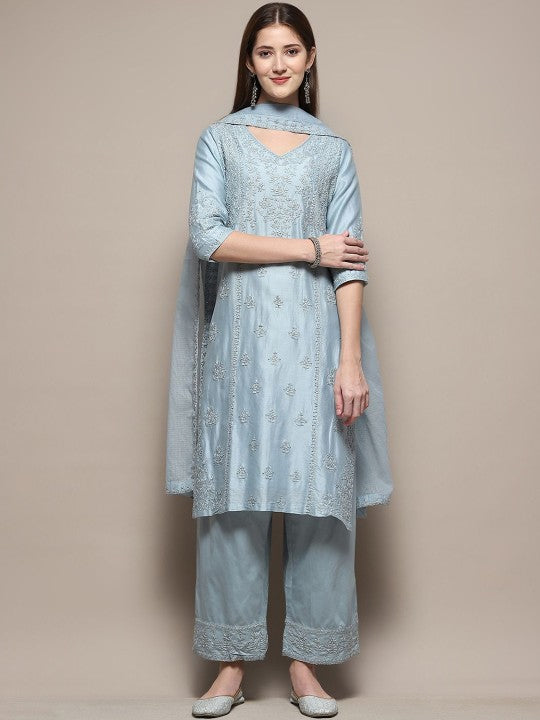 Biba Floral Embroidered Cotton Silk Straight Kurta With Palazzo & Dupatta