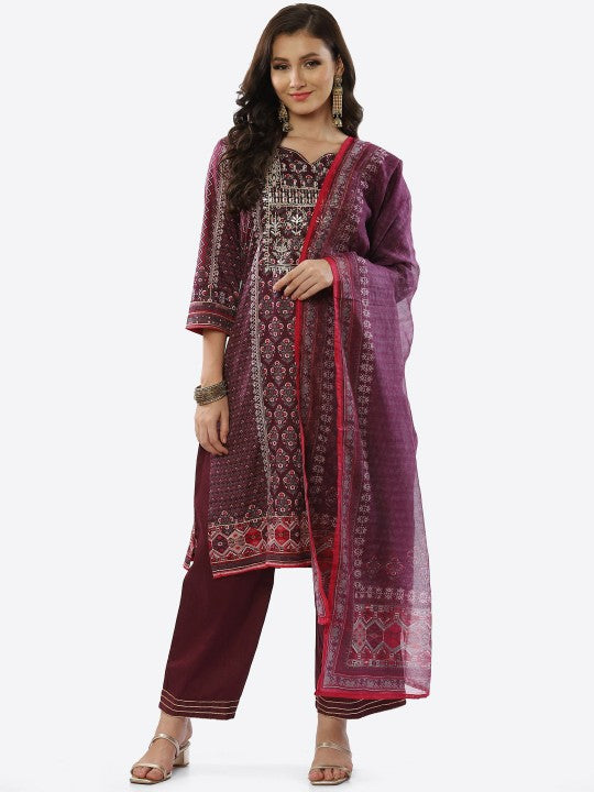 Biba Women Maroon Printed Kurta with Trousers & With Dupatta