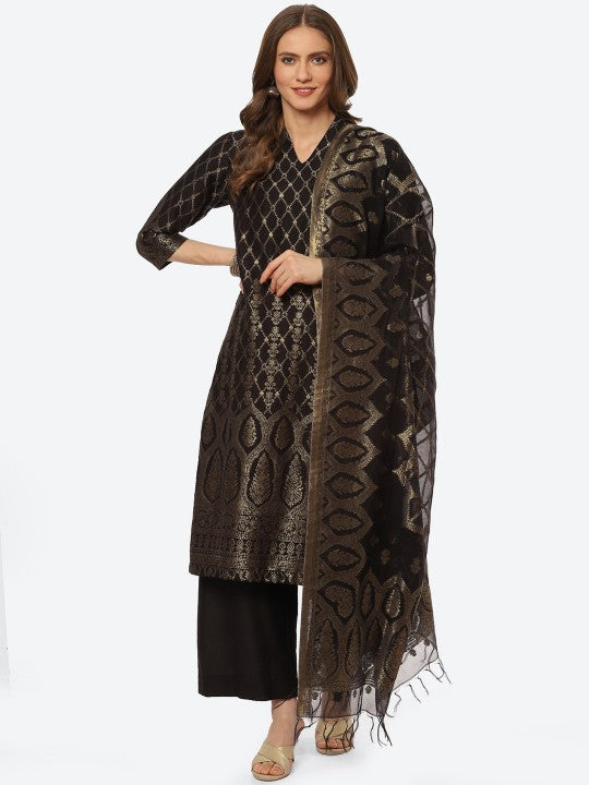 Biba Women Black Printed Woven Kurta with Palazzos & Dupatta