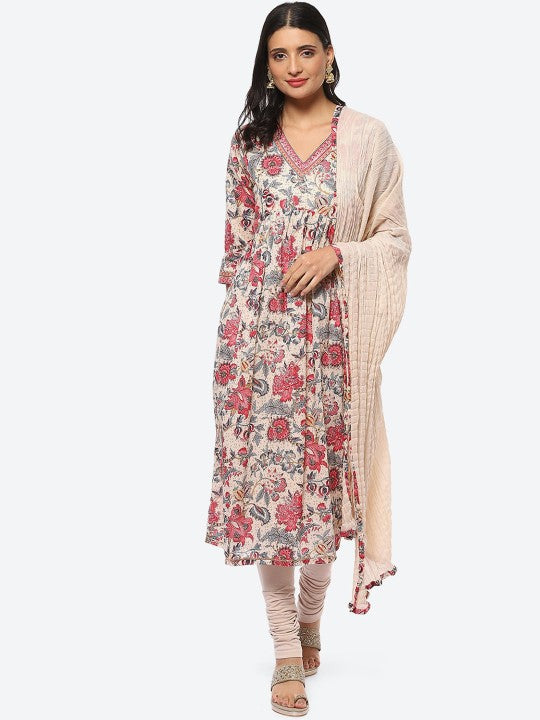 Biba Women Plus Size Floral Printed Pleated Kurta With Churidar & Dupatta