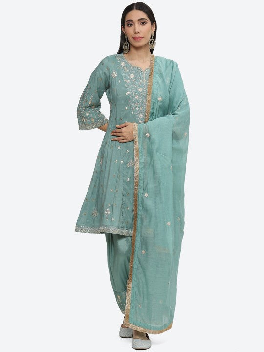 Biba Ethnic Motifs Embroidered A-Line Kurta with Salwar & Dupatta - Green