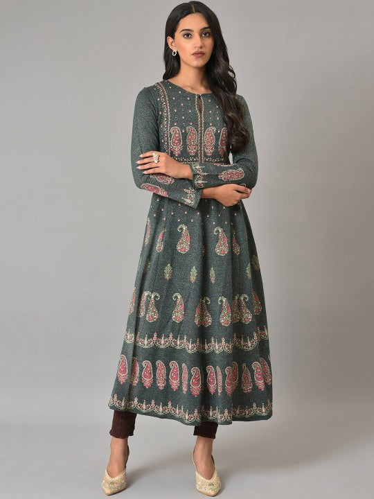 W Keyhole Neck Paisley Printed Anarkali Acrylic Kurta