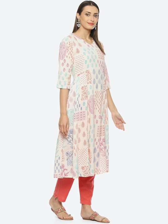 Biba Ethnic Motifs Printed V-Neck A-Line Kurta