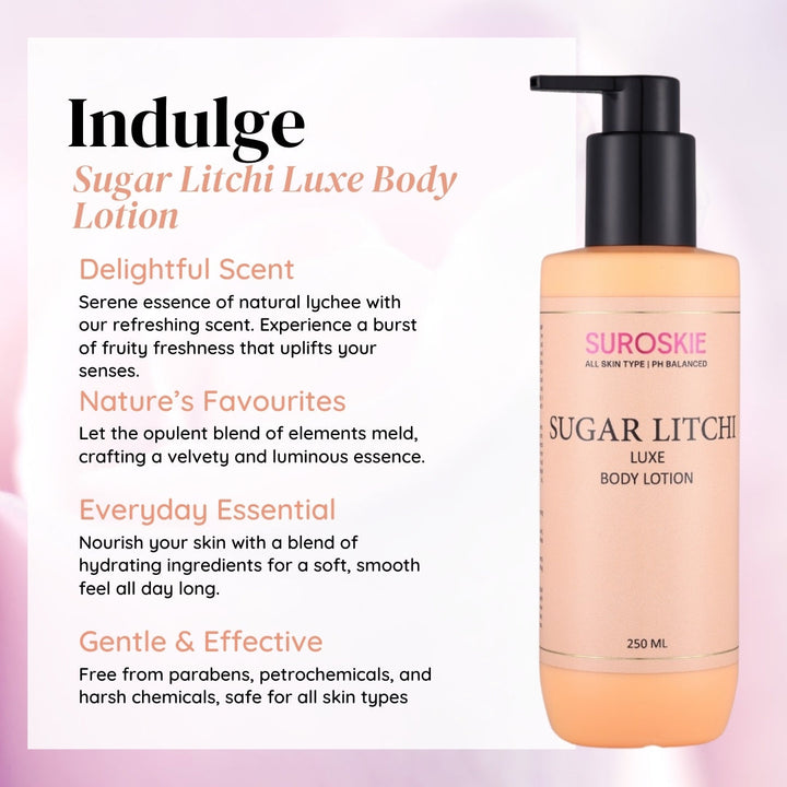 Suroskie Sugar Litchi Body Lotion with PH Balanced - Deep Hydration, Soothing & Calming, Light-Weight & Fast-Absorbing, Suitable For Both (250ML)