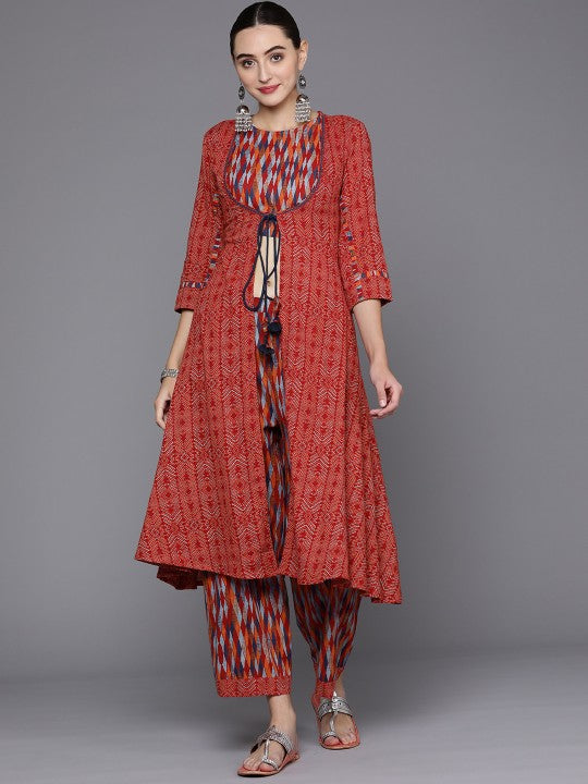 Fabindia FabBasic Women Ethnic Motifs Printed Layered Pure Cotton Kurta with Palazzos