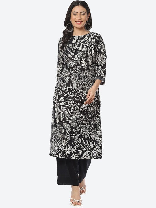 Biba Ethnic Motif Printed Boat Neck Straight Kurta with Palazzos