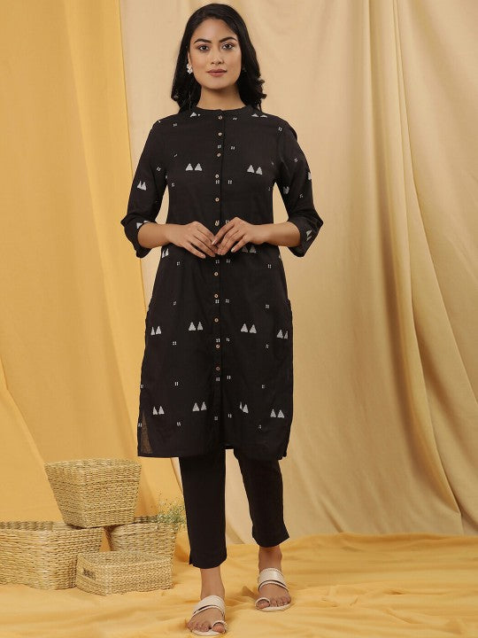 W Black Geometric Embroidered Mandarin Collar Pure Cotton Straight Kurta with Trousers