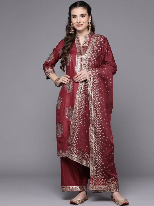 Biba Women Maroon & Golden Ethnic Motifs Printed Kurta with Palazzos & Dupatta