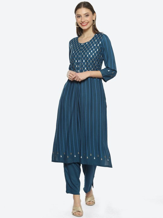 Biba Ethnic Motifs Printed A-Line Kurta with Trousers & Dupatta