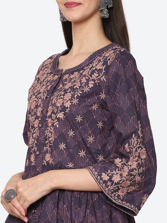 Biba Women Blue & Pink Floral Embroidered Kurta